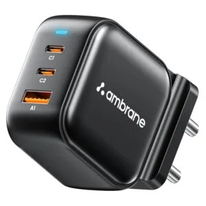 Ambrane 65W Charger Adapter, 3 Ports - 2 Type C & 1 USB for Samsung, Type C Laptops