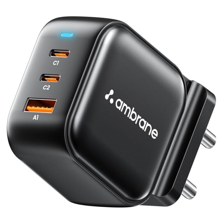 Ambrane 65W Charger Adapter, 3 Ports - 2 Type C & 1 USB for Samsung, Type C Laptops