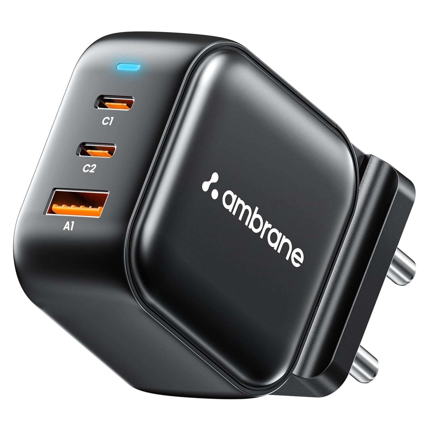 Ambrane 65W Charger Adapter, 3 Ports - 2 Type C & 1 USB for Samsung, Type C Laptops